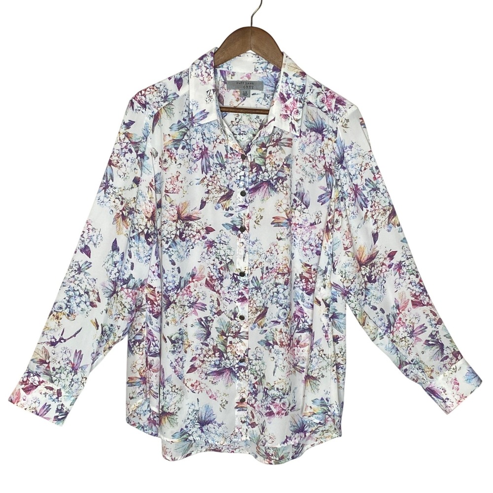 Ruff Hewn Womens Floral Button Up Blouse Plus Size 1X Pastel Long Sleeve Casual